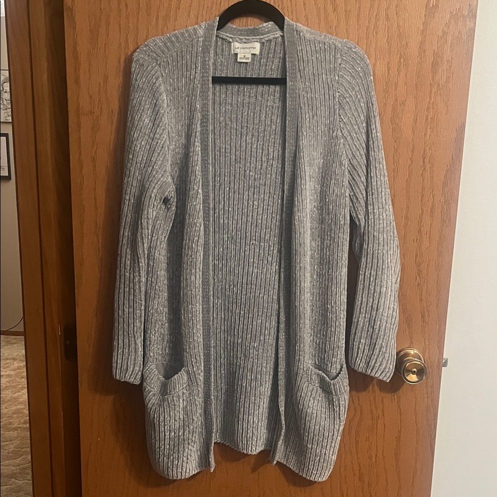 Cable & Gauge Light Gray Ribbed Open Cardigan with Pockets